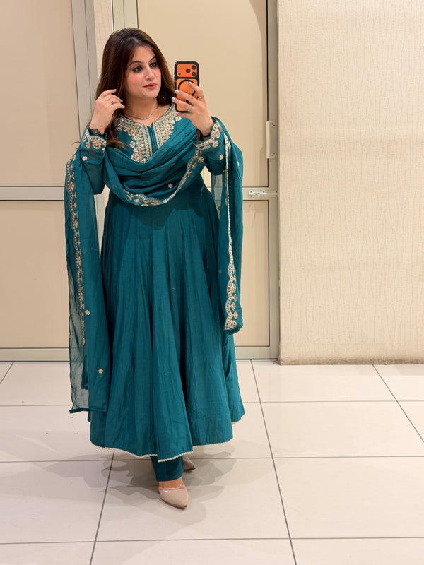 Teal Blue Embroidered Anarkali Suit Set with Designer Dupatta