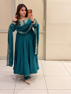 Teal Blue Embroidered Anarkali Suit Set with Designer Dupatta