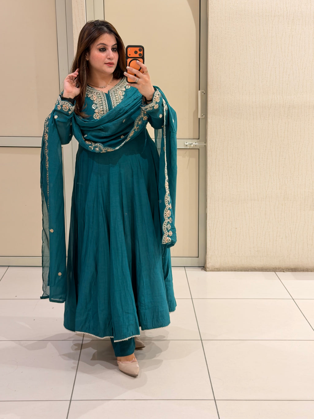 Teal Blue Embroidered Anarkali Suit Set with Designer Dupatta