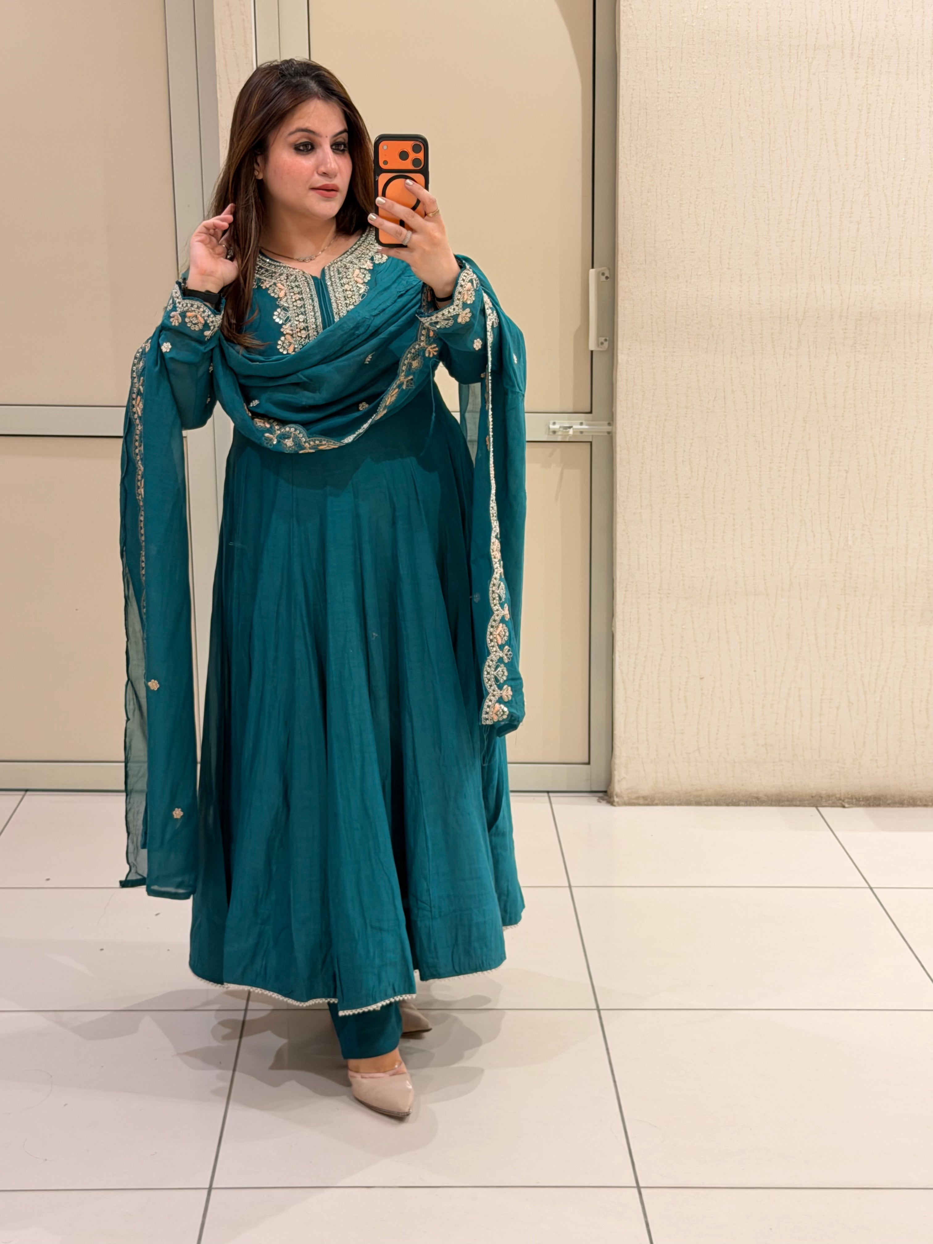 Teal Blue Embroidered Anarkali Suit Set with Designer Dupatta