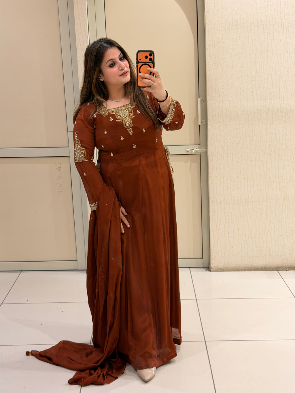 Rust Brown Embroidered Party Wear Anarkali Suit Set