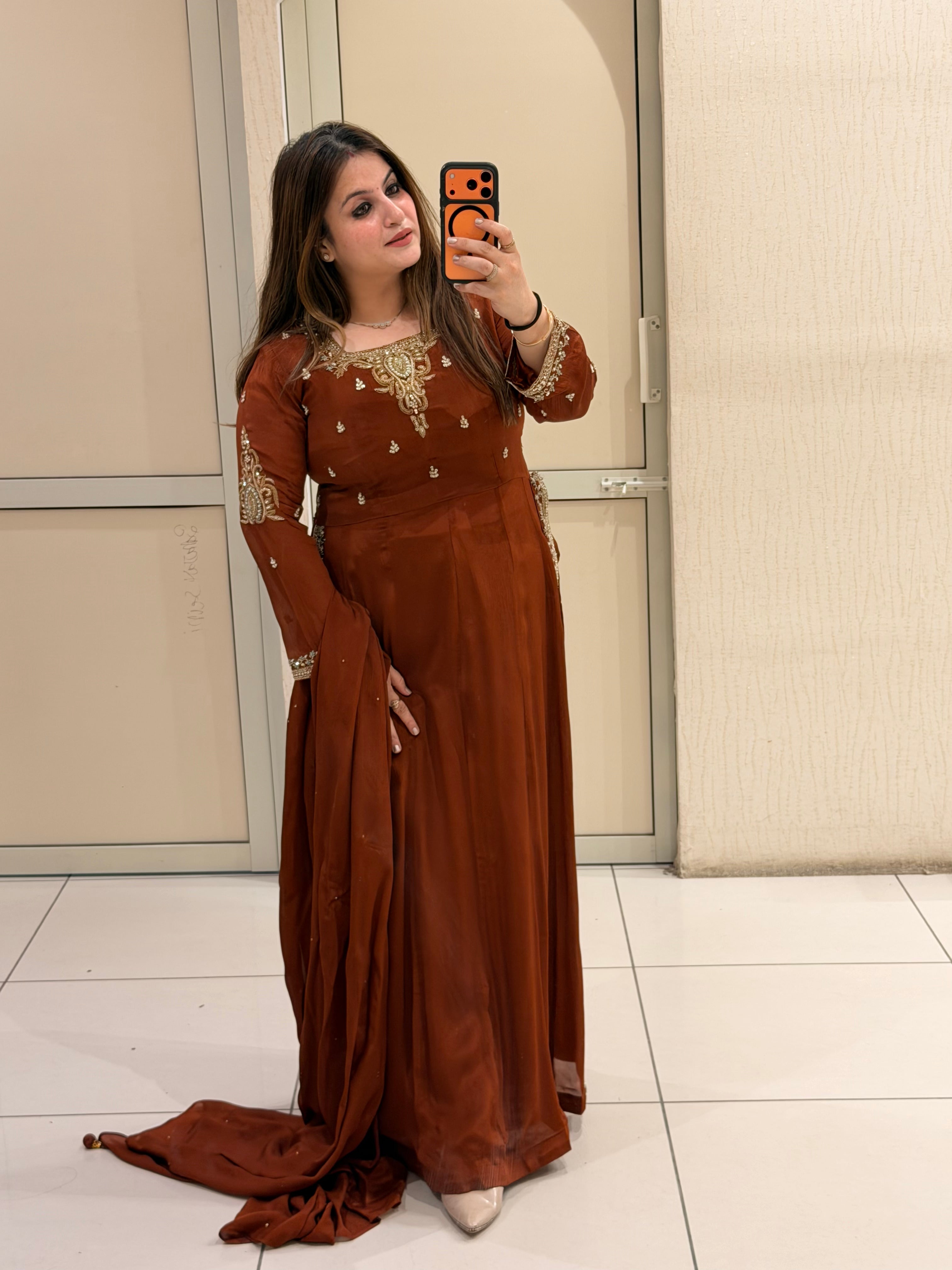Rust Brown Embroidered Party Wear Anarkali Suit Set