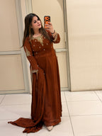 Rust Brown Embroidered Party Wear Anarkali Suit Set