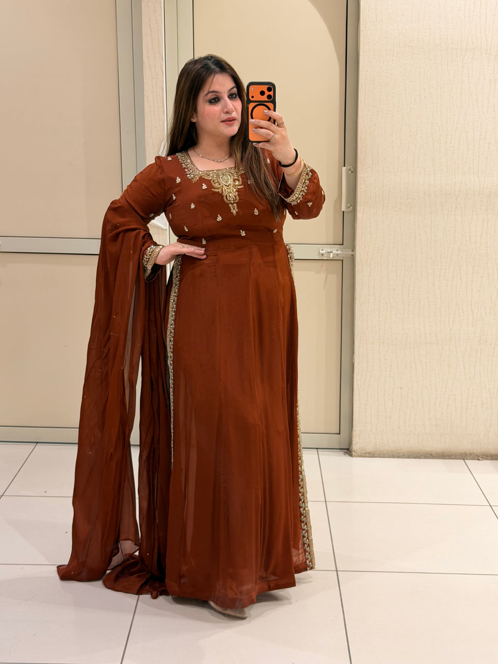 Rust Brown Embroidered Party Wear Anarkali Suit Set