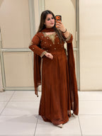 Rust Brown Embroidered Party Wear Anarkali Suit Set