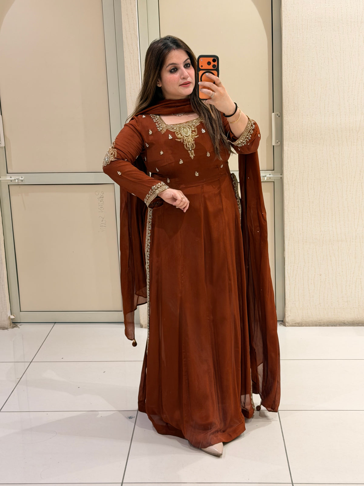 Rust Brown Embroidered Party Wear Anarkali Suit Set