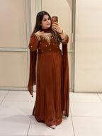 Rust Brown Embroidered Party Wear Anarkali Suit Set