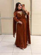 Rust Brown Embroidered Party Wear Anarkali Suit Set
