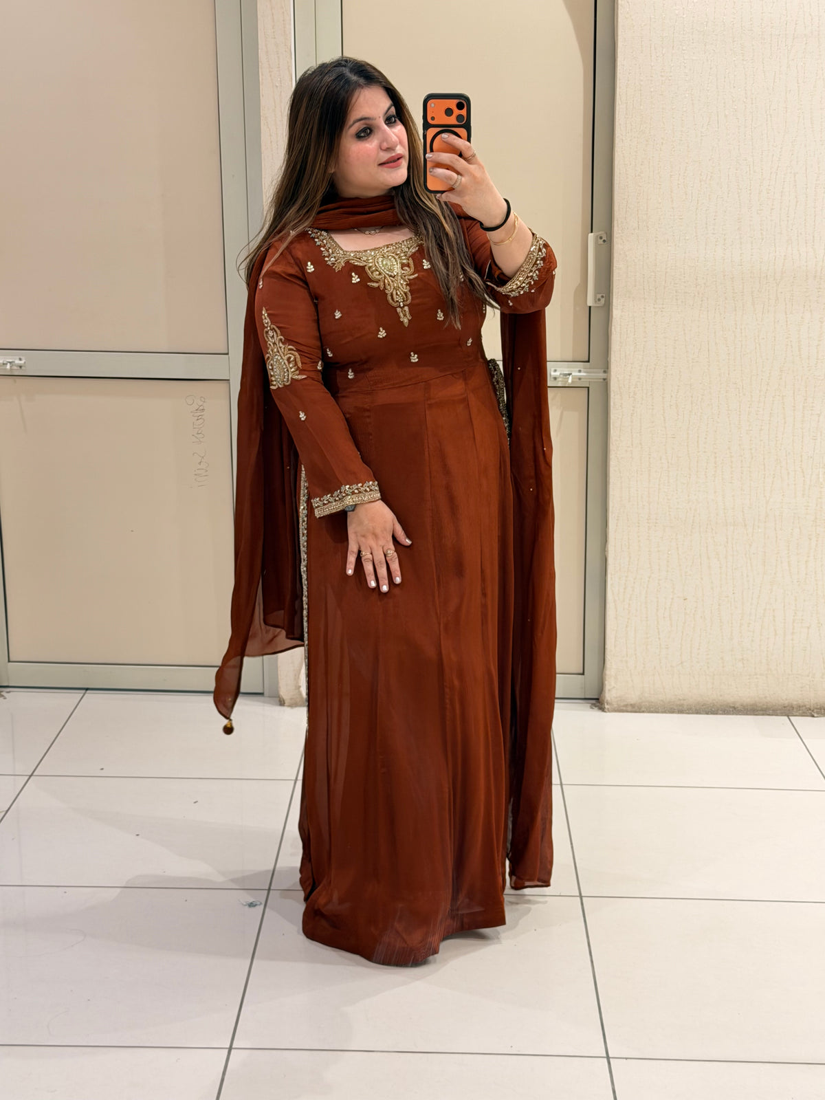 Rust Brown Embroidered Party Wear Anarkali Suit Set