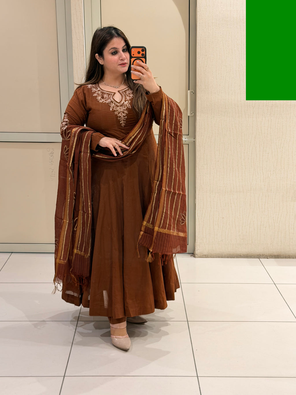Brown Embroidered Anarkali Dress with Printed Dupatta for Women
