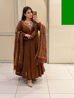 Brown Embroidered Anarkali Dress with Printed Dupatta for Women
