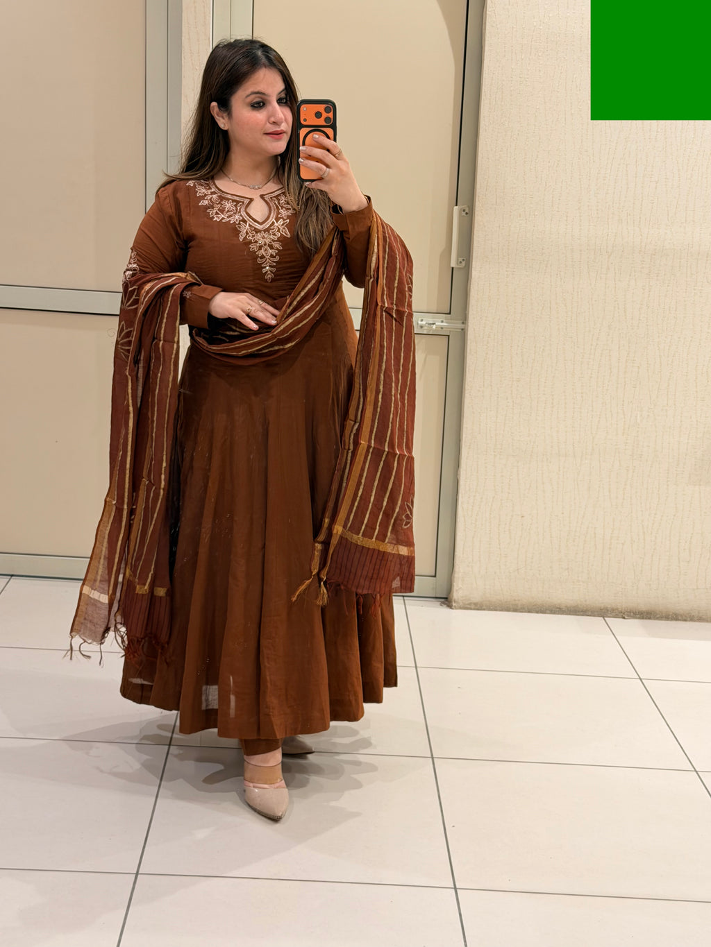 Brown Embroidered Anarkali Dress with Printed Dupatta for Women