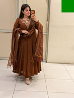 Brown Embroidered Anarkali Dress with Printed Dupatta for Women