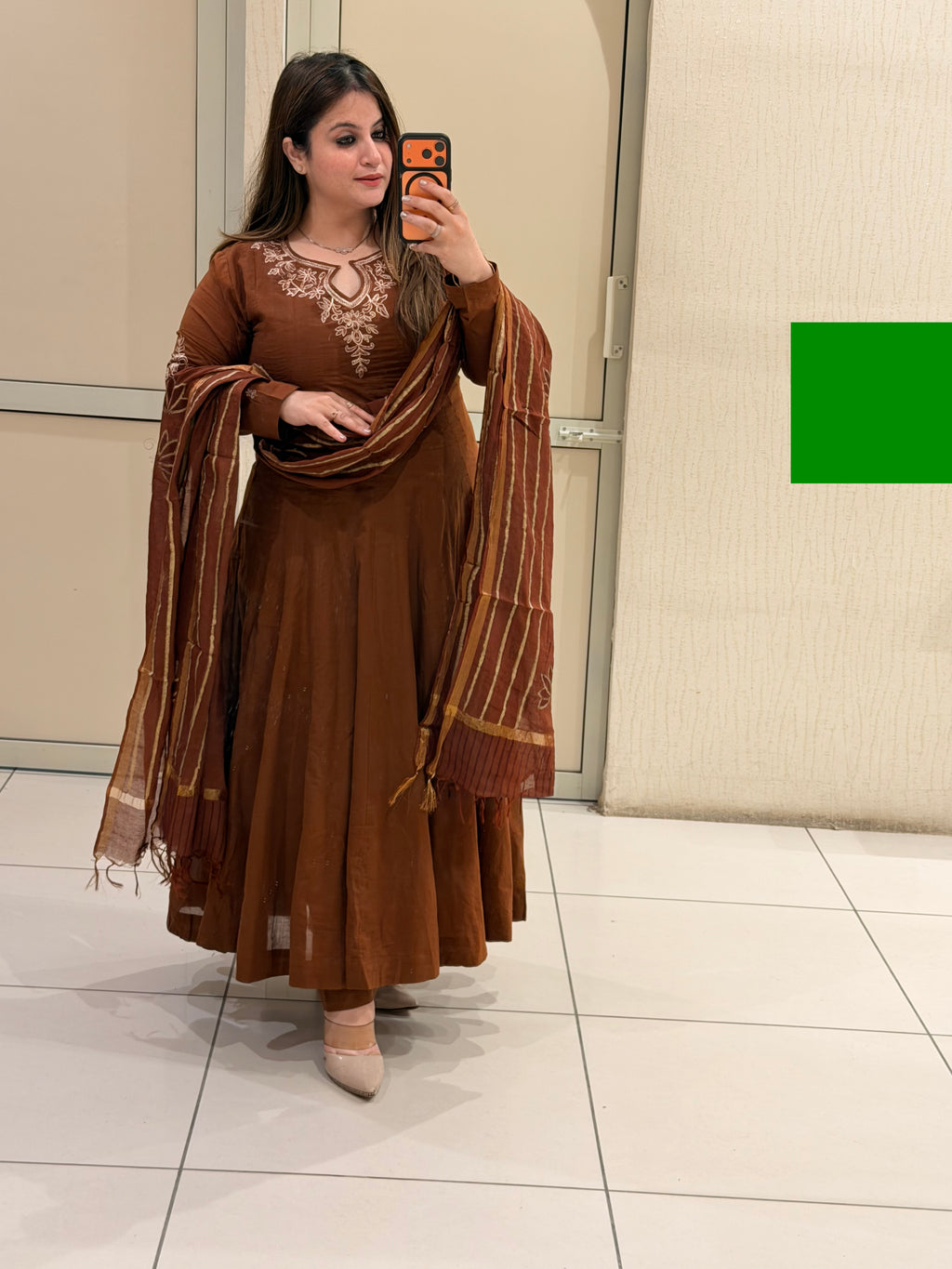 Brown Embroidered Anarkali Dress with Printed Dupatta for Women