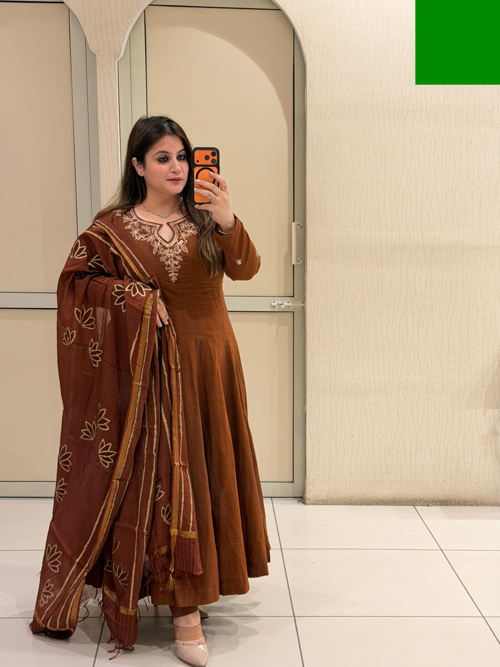 Brown Embroidered Anarkali Dress with Printed Dupatta for Women
