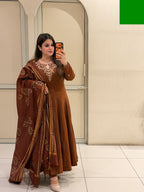Brown Embroidered Anarkali Dress with Printed Dupatta for Women
