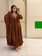 Brown Embroidered Anarkali Dress with Printed Dupatta for Women