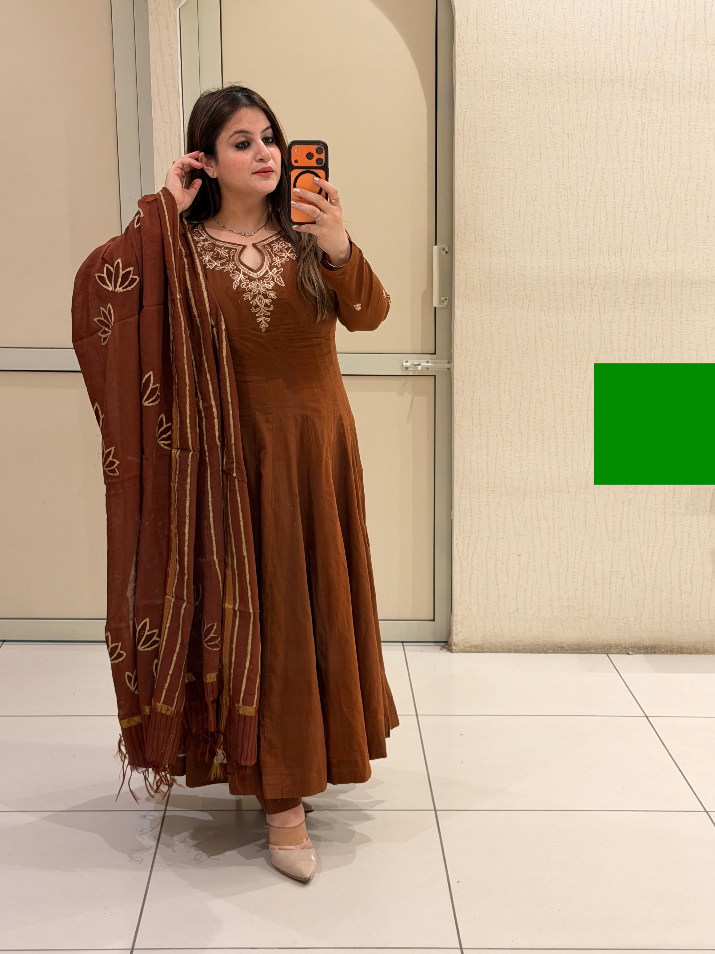 Brown Embroidered Anarkali Dress with Printed Dupatta for Women