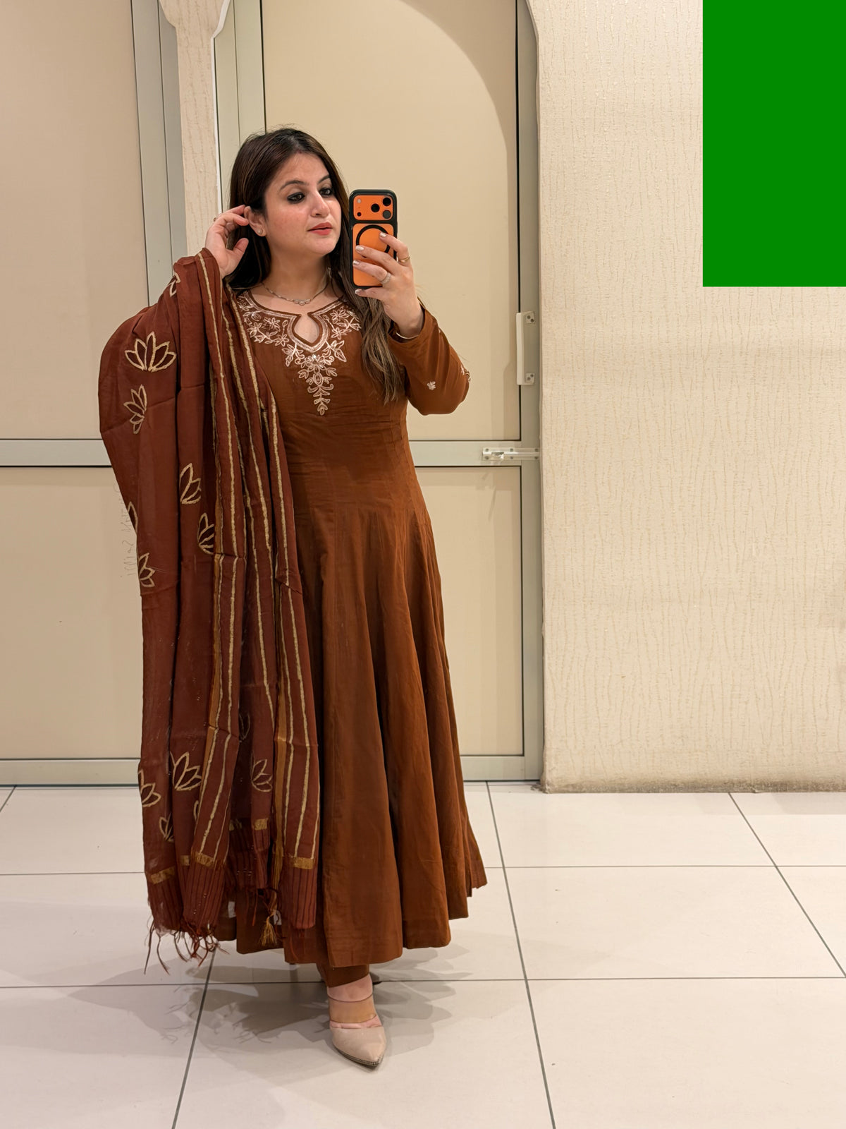 Brown Embroidered Anarkali Dress with Printed Dupatta for Women