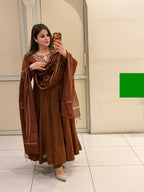 Brown Embroidered Anarkali Dress with Printed Dupatta for Women