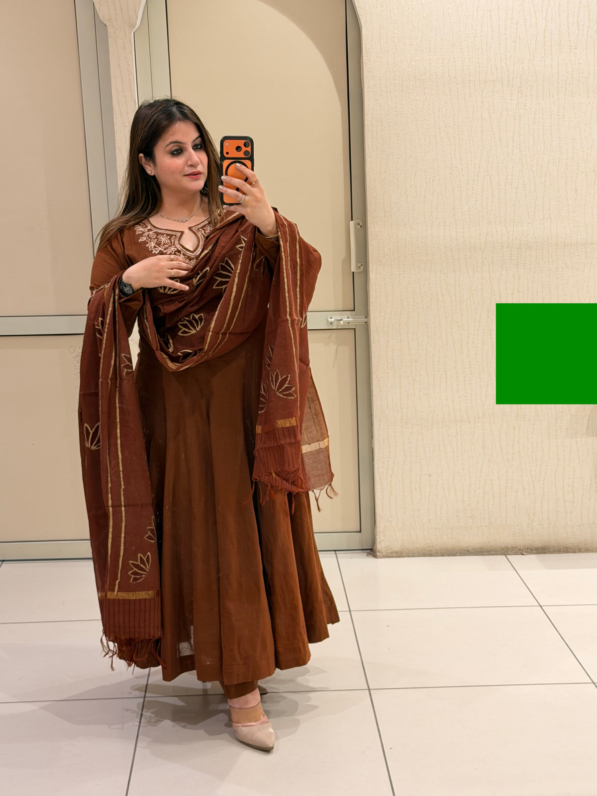 Brown Embroidered Anarkali Dress with Printed Dupatta for Women