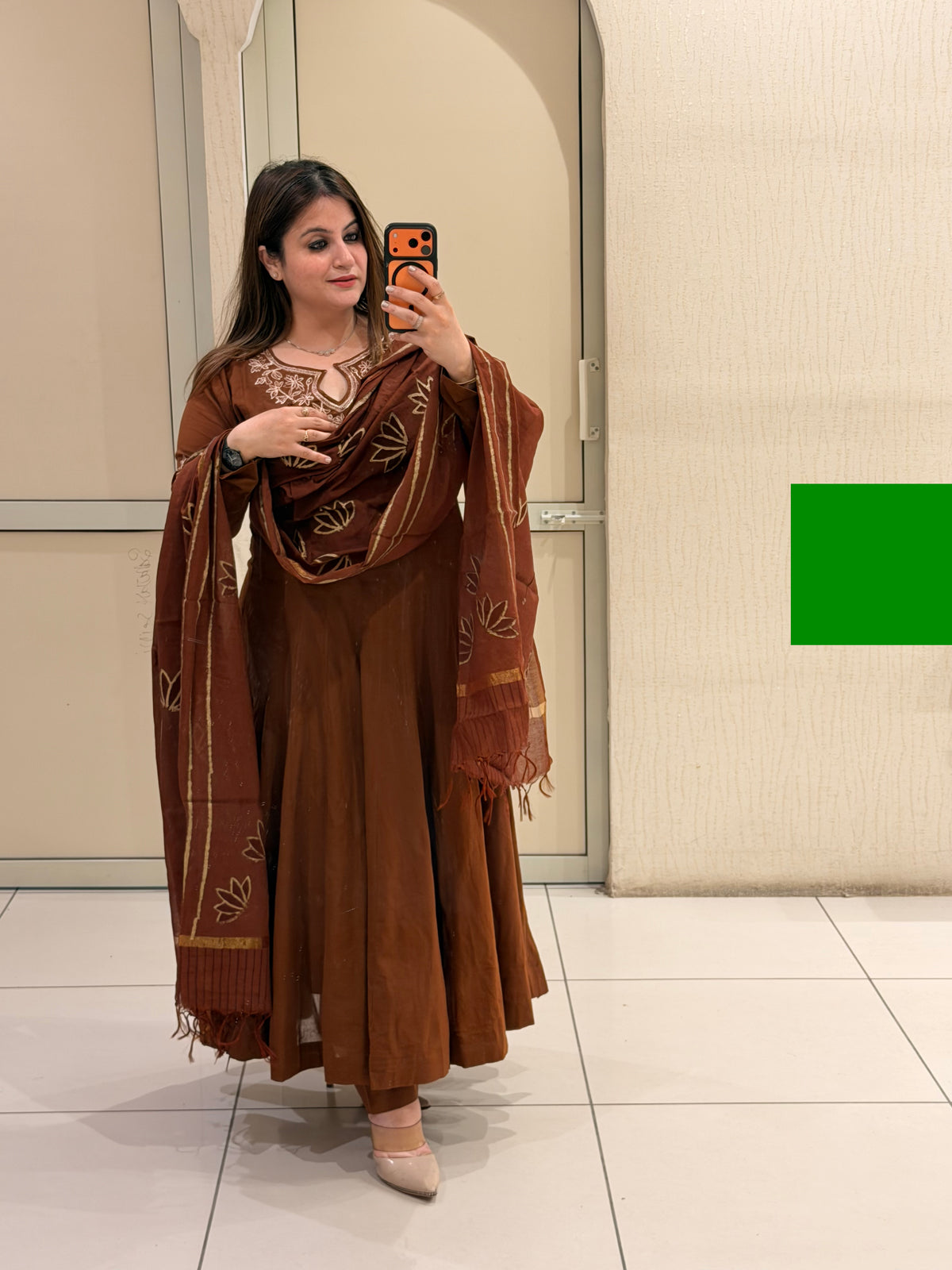 Brown Embroidered Anarkali Dress with Printed Dupatta for Women