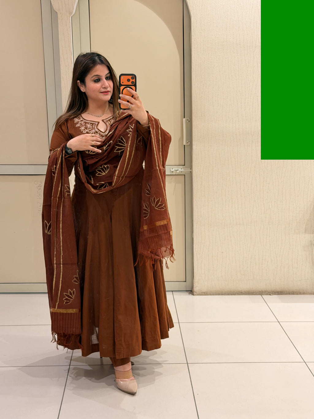 Brown Embroidered Anarkali Dress with Printed Dupatta for Women