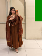 Brown Embroidered Anarkali Dress with Printed Dupatta for Women