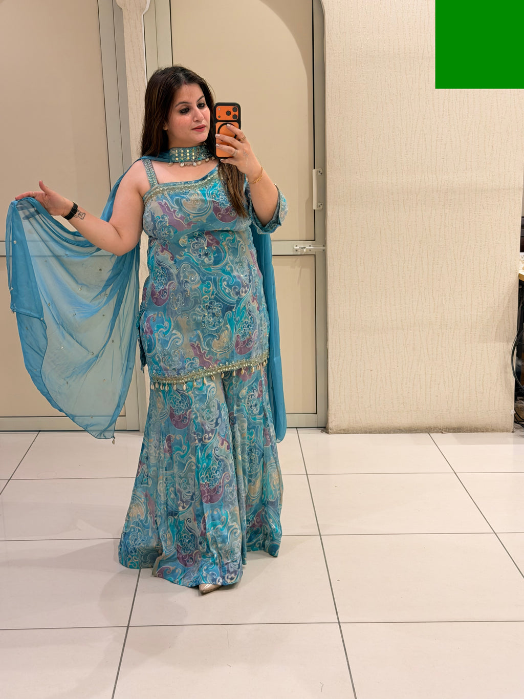 Elegant Blue Printed Chinon Sharara Suit Set with Dupatta