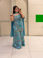 Elegant Blue Printed Chinon Sharara Suit Set with Dupatta