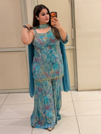 Elegant Blue Printed Chinon Sharara Suit Set with Dupatta