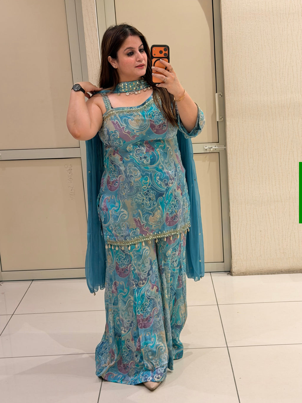 Elegant Blue Printed Chinon Sharara Suit Set with Dupatta