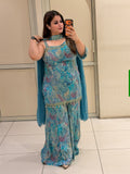 Elegant Blue Printed Chinon Sharara Suit Set with Dupatta