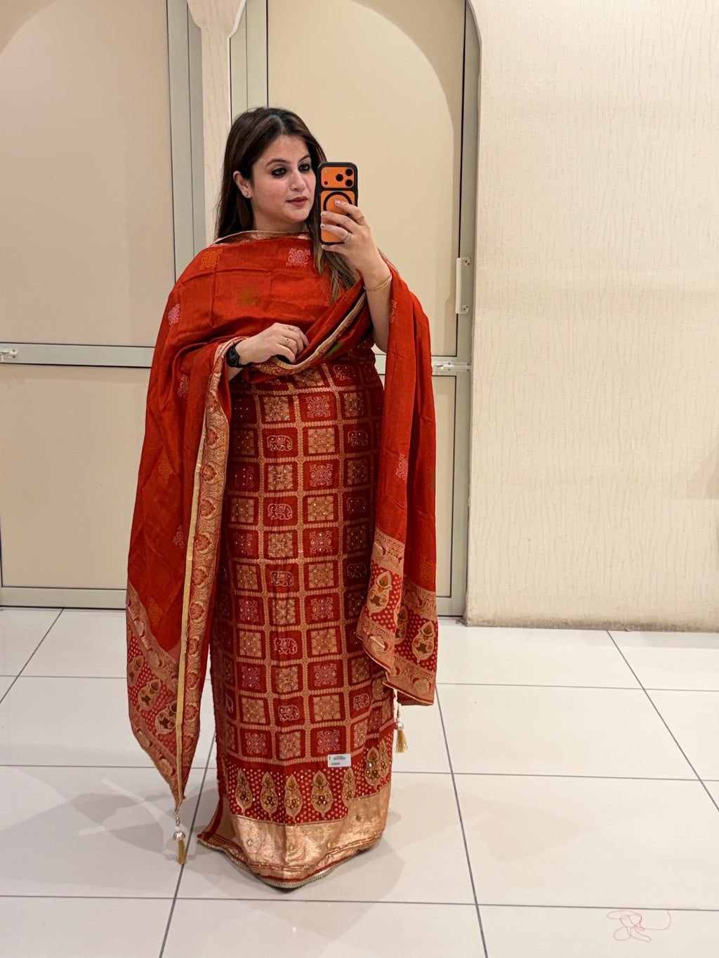 Rust Orange Bandhani Print Silk Suit Set (Unstitched)