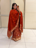 Rust Orange Bandhani Print Silk Suit Set (Unstitched)