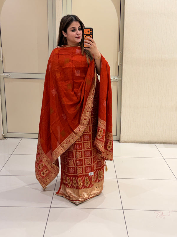 Rust Orange Bandhani Print Silk Suit Set (Unstitched)