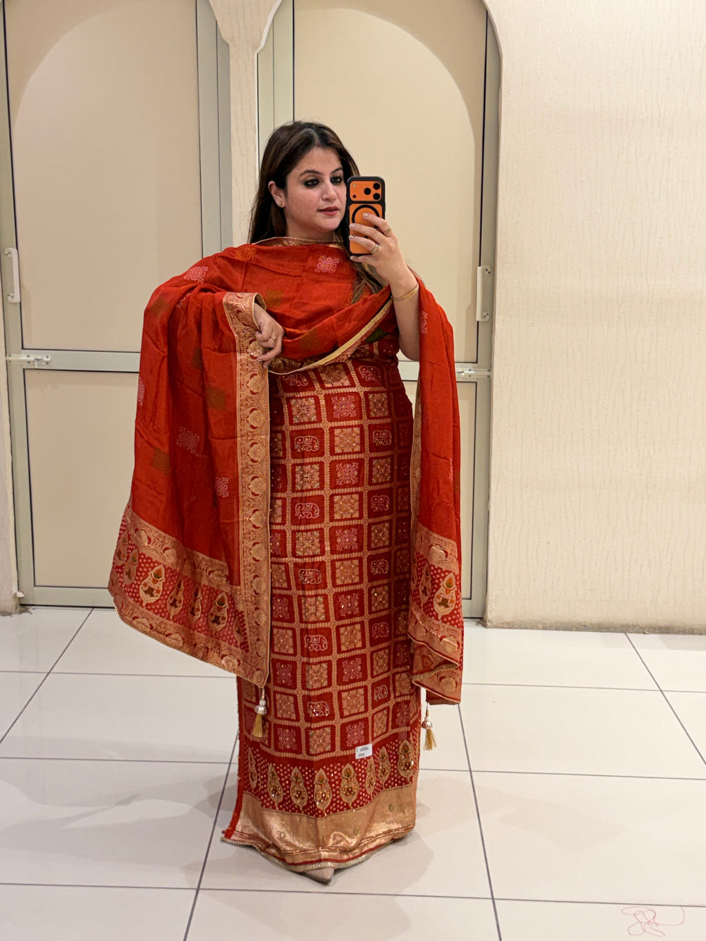 Rust Orange Bandhani Print Silk Suit Set (Unstitched)