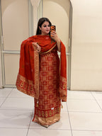 Rust Orange Bandhani Print Silk Suit Set (Unstitched)