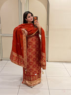 Rust Orange Bandhani Print Silk Suit Set (Unstitched)