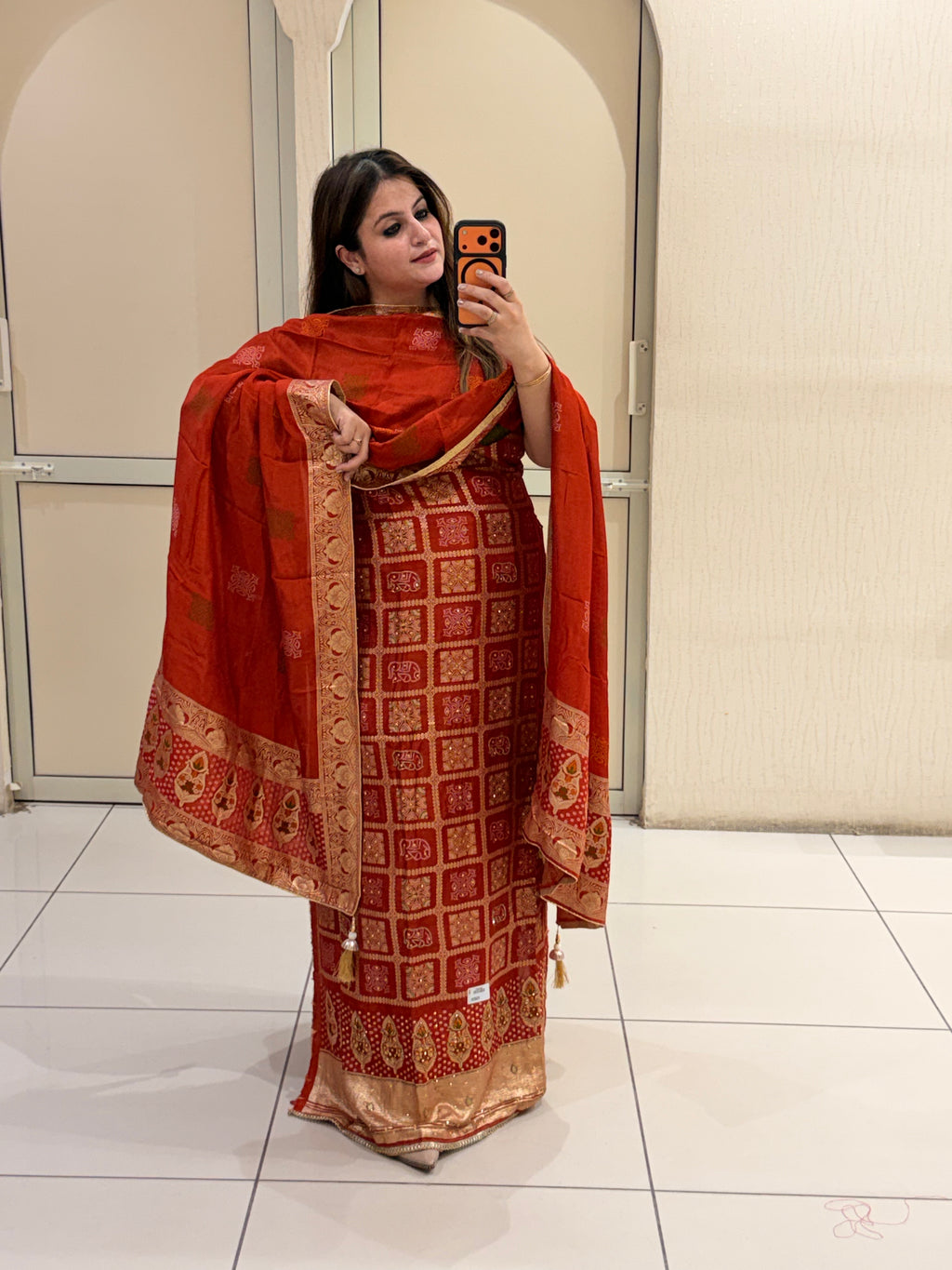 Rust Orange Bandhani Print Silk Suit Set (Unstitched)