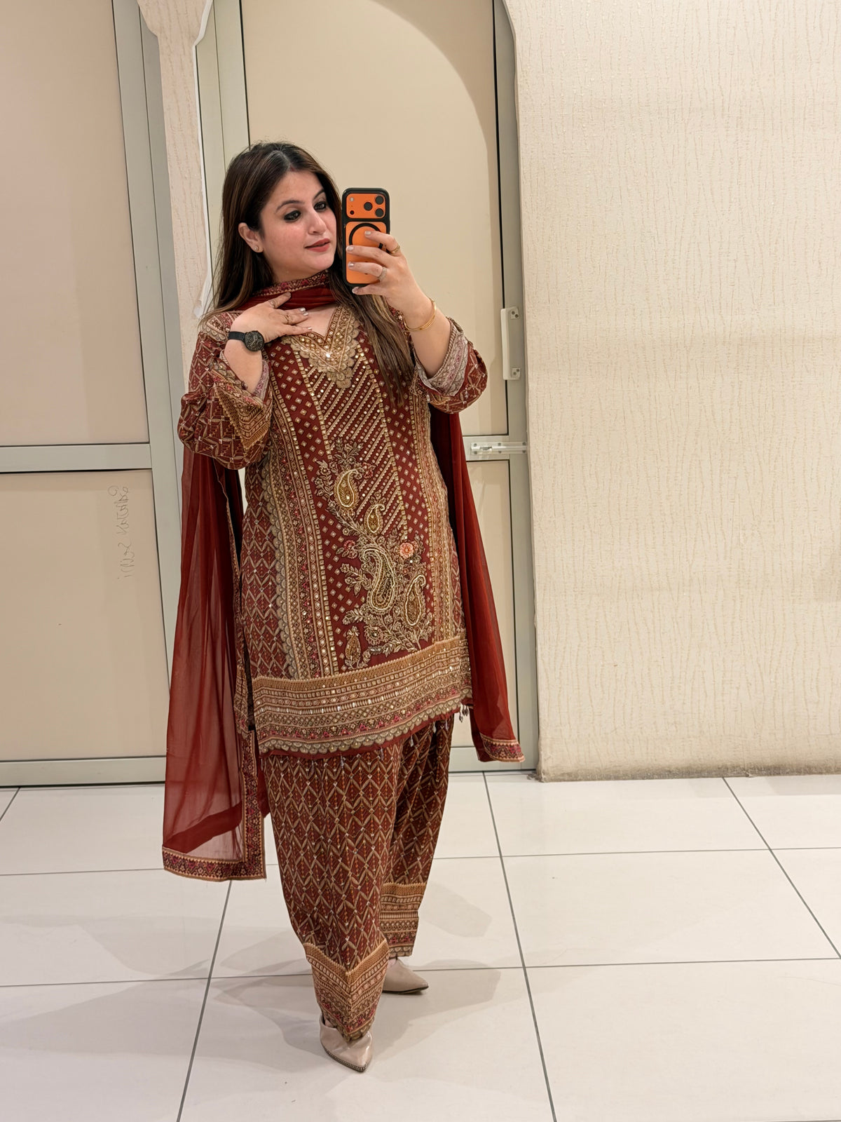 Maroon Farsi Salwar Crepe Embroidered Suit (M–XXL)