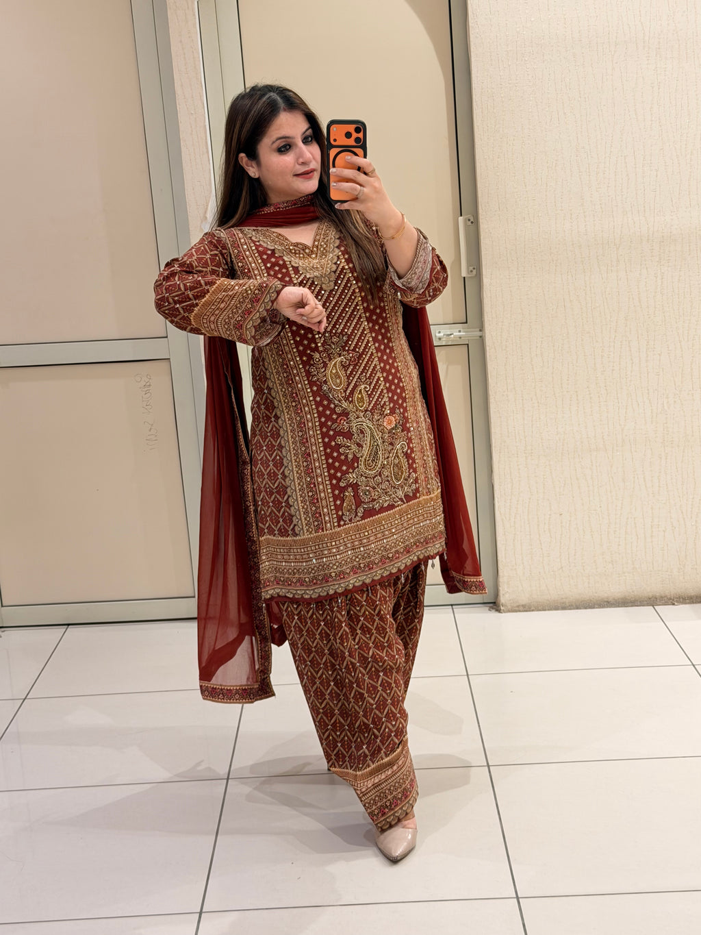 Maroon Farsi Salwar Crepe Embroidered Suit (M–XXL)