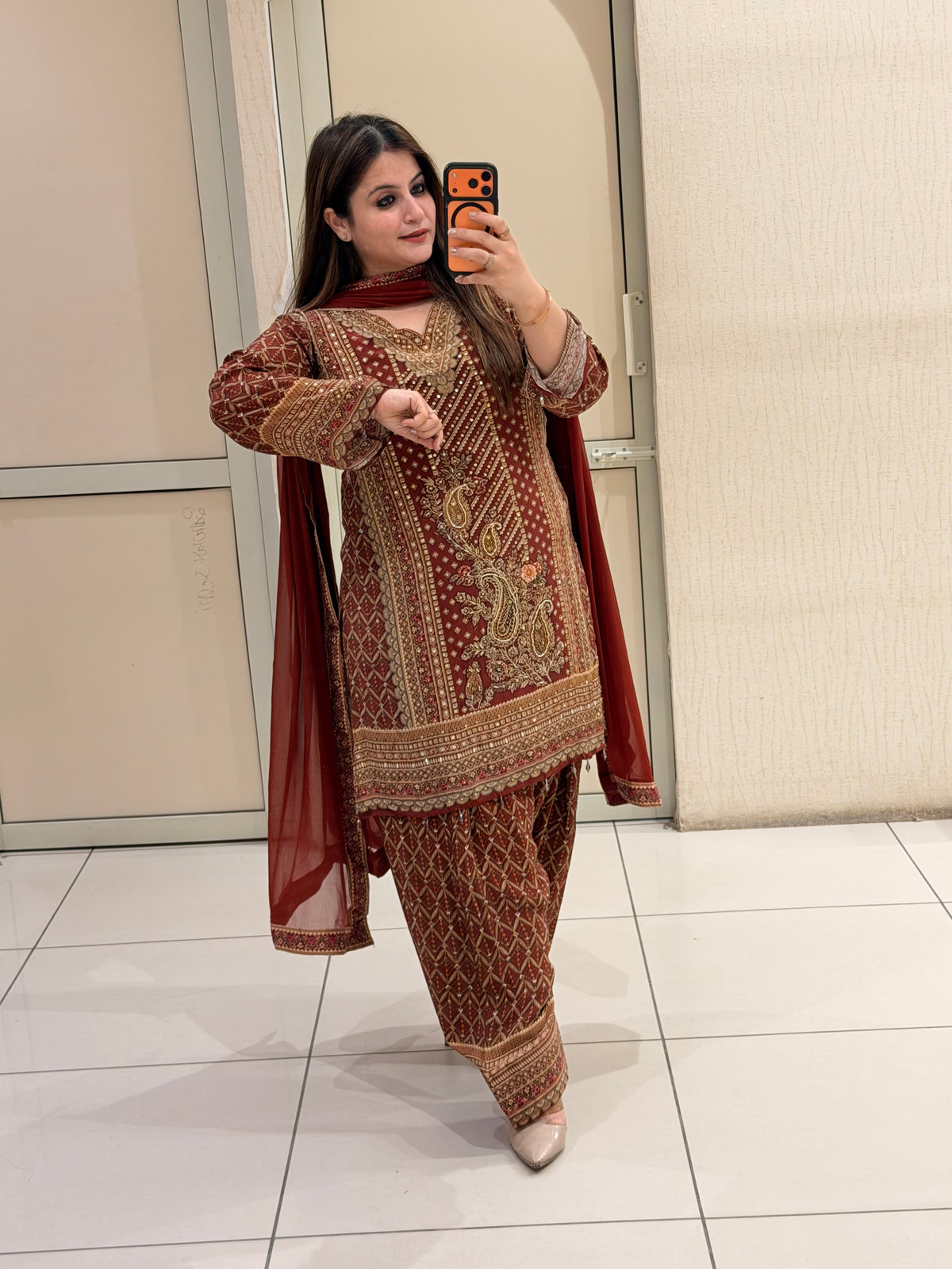 Maroon Farsi Salwar Crepe Embroidered Suit (M–XXL)