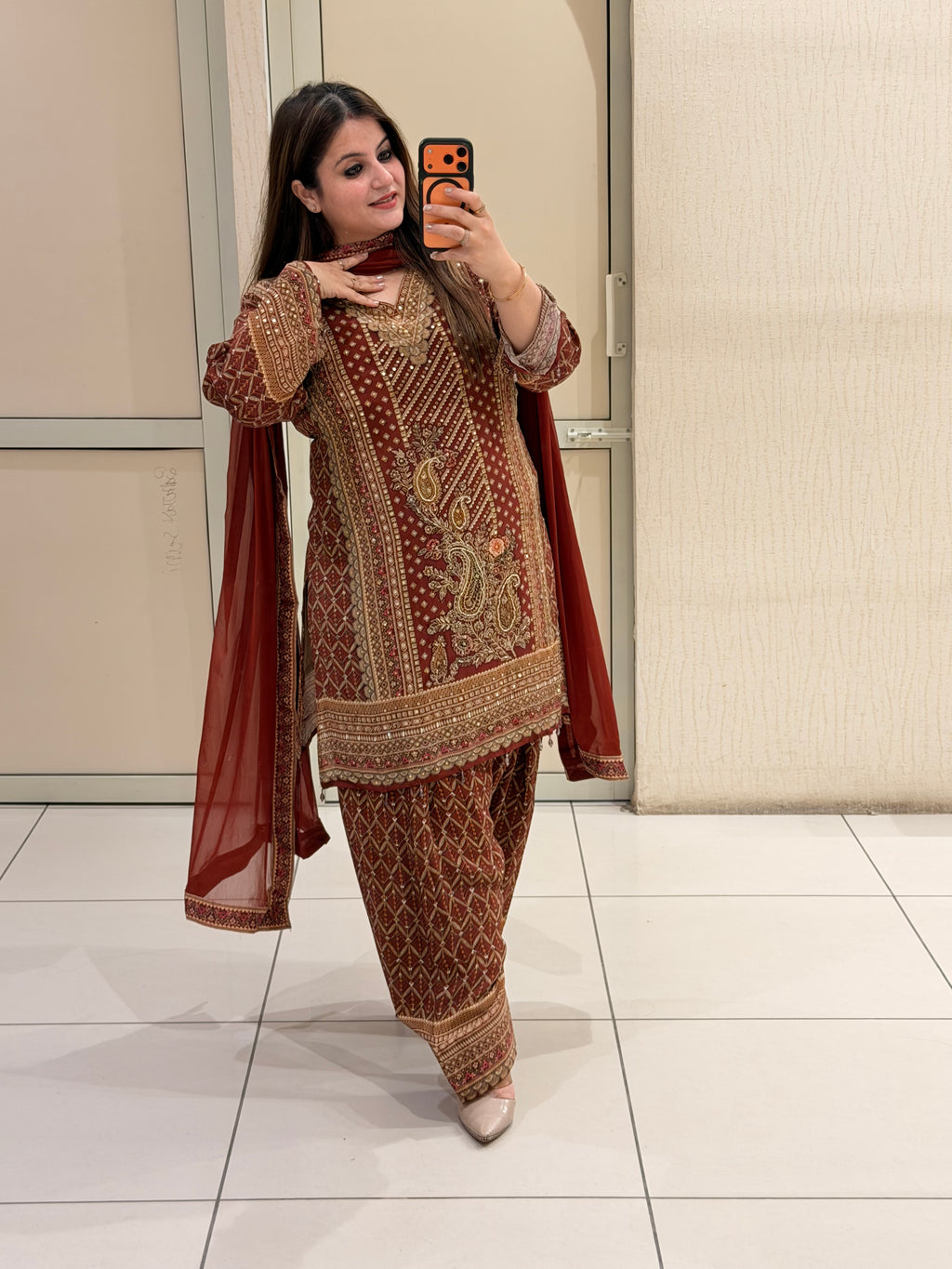 Maroon Farsi Salwar Crepe Embroidered Suit (M–XXL)