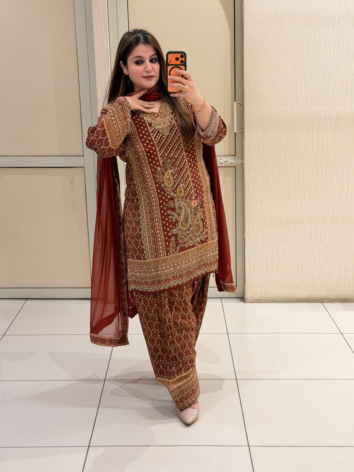 Maroon Farsi Salwar Crepe Embroidered Suit (M–XXL)