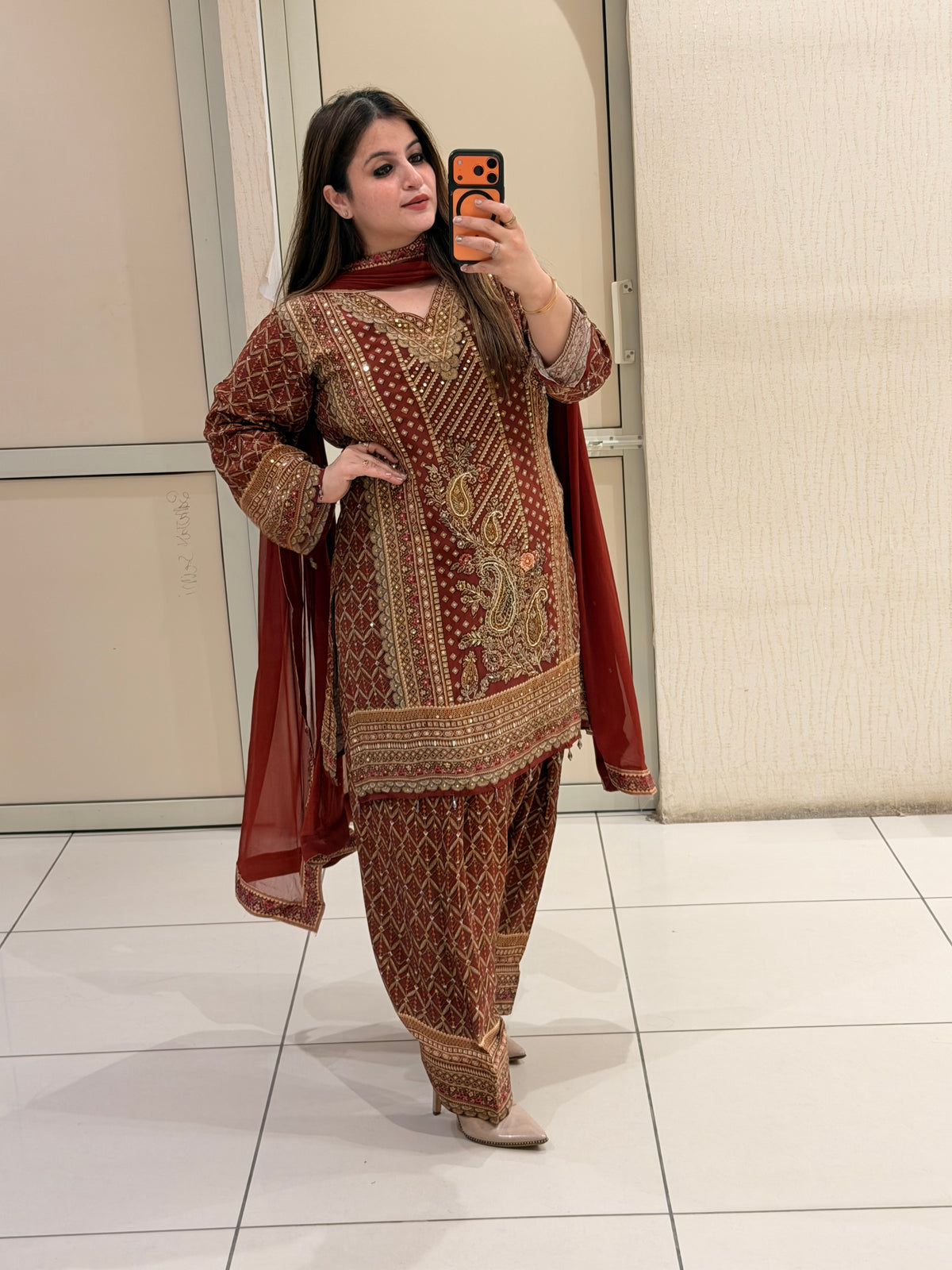 Maroon Farsi Salwar Crepe Embroidered Suit (M–XXL)