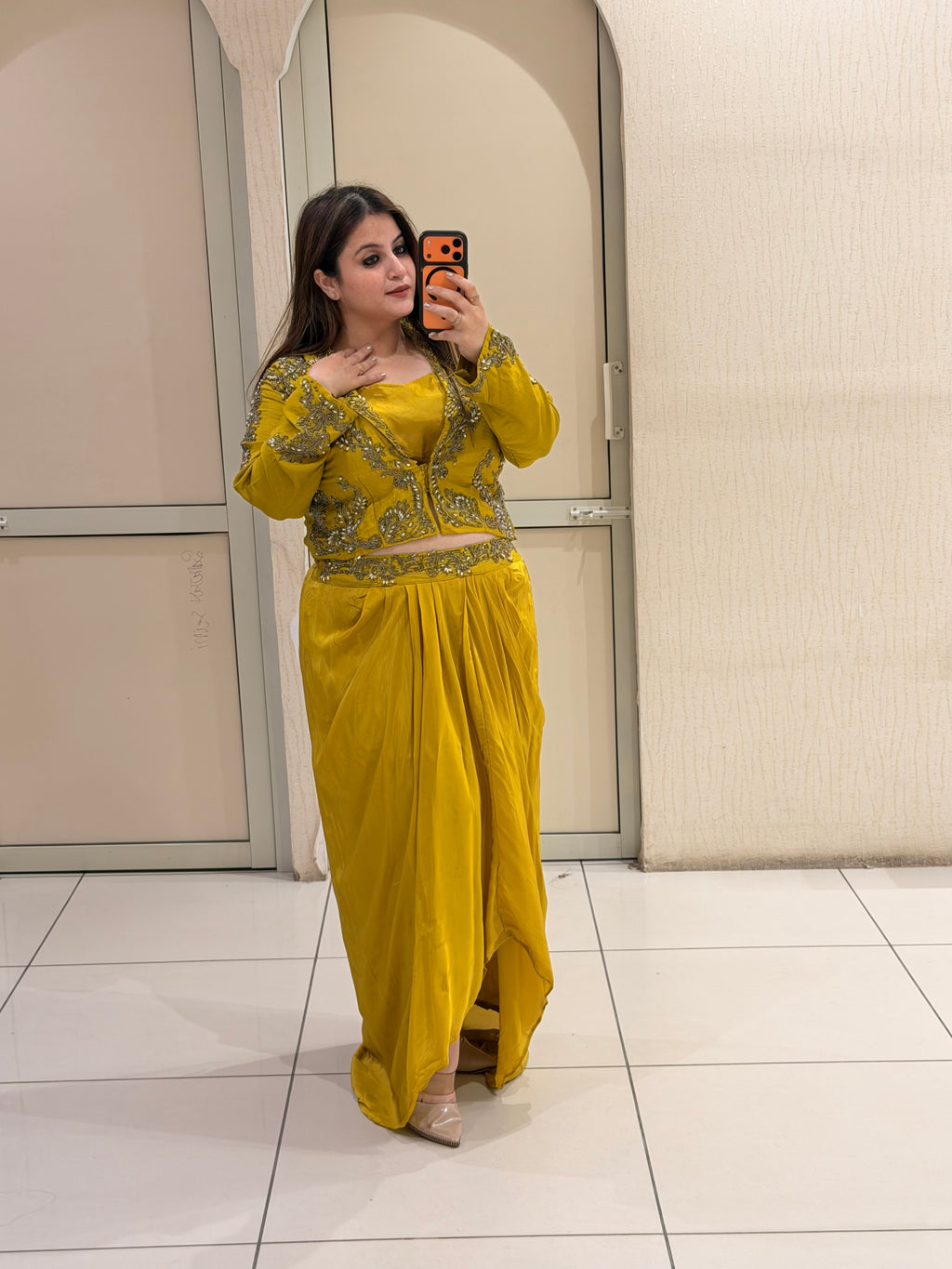 Mustard Yellow Silk & Crepe Three-Piece Dress (L–XXL)