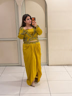 Mustard Yellow Silk & Crepe Three-Piece Dress (L–XXL)