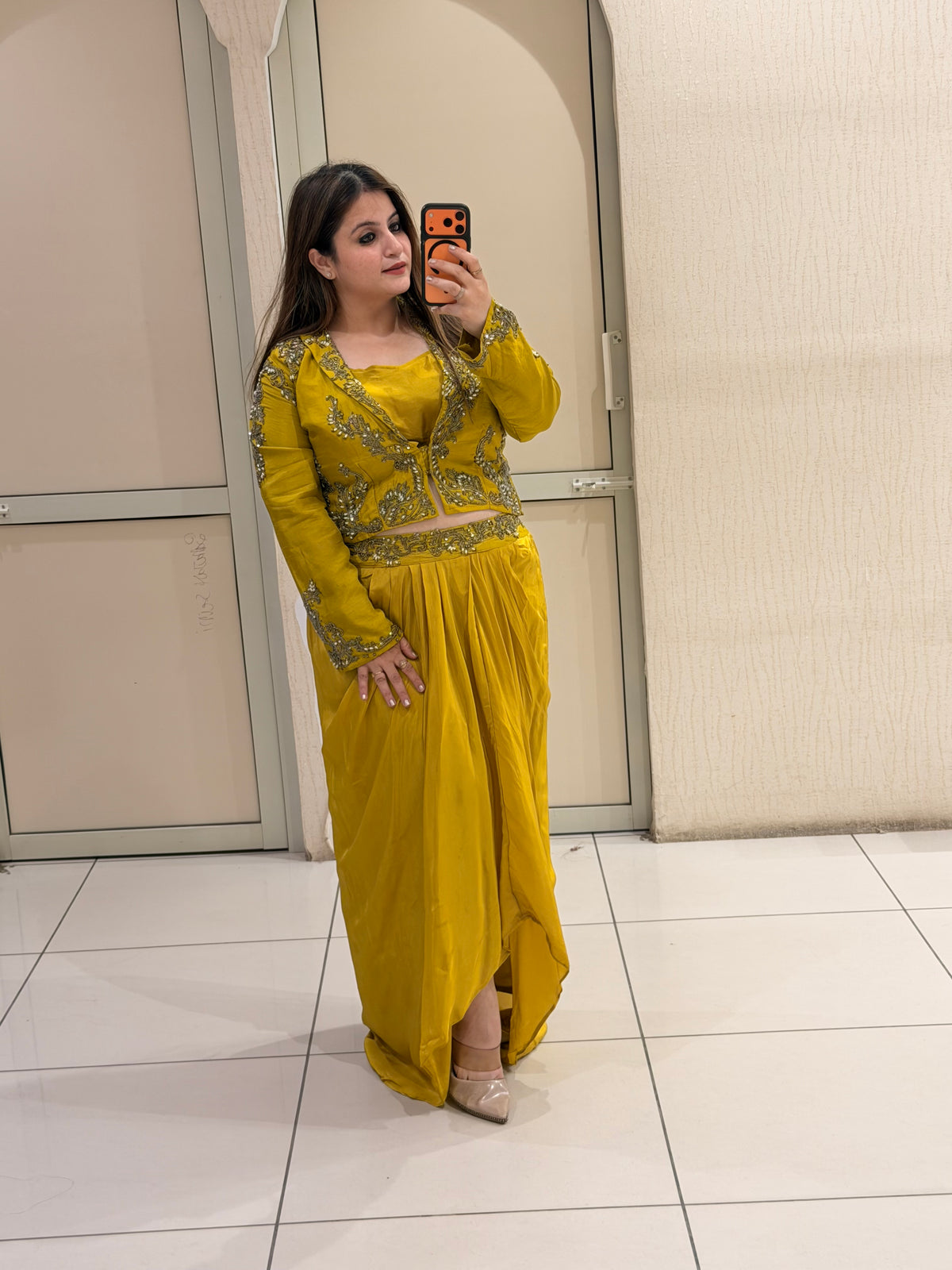 Mustard Yellow Silk & Crepe Three-Piece Dress (L–XXL)