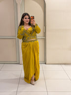 Mustard Yellow Silk & Crepe Three-Piece Dress (L–XXL)